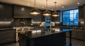 Black and gold pendant lights over luxury kitchen island