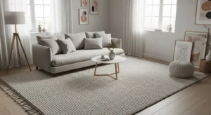 Japandi neutral rug living room