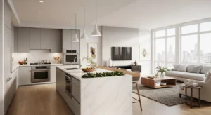 Half wall partition in open kitchen living room