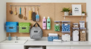 Pegboard wall storage in laundry room