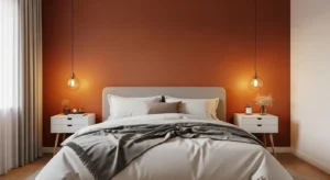 Clay brown and off white bedroom color scheme