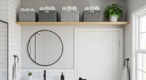 Shelf above door in bathroom for extra storage