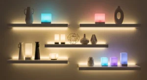 Backlit shelves in living room highlighting decor