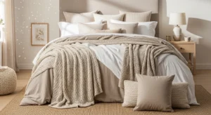 Beige and white neutral bedroom bedding