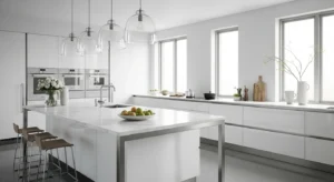 Bright modern kitchen with transparent acrylic pendant lights, airy space, minimal design, reflective surfaces, clean look