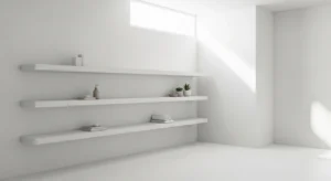 Minimal white shelves in bathroom decor