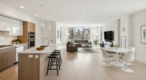 Open sightlines living room kitchen