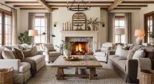 Wood elements French country living room