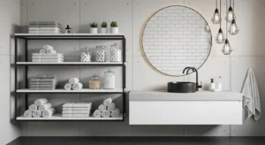 Metal frame shelves in modern bathroom