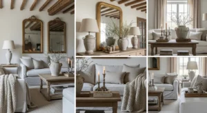 French country living room ideas 2026 with cozy warm neutral tones and rustic decor