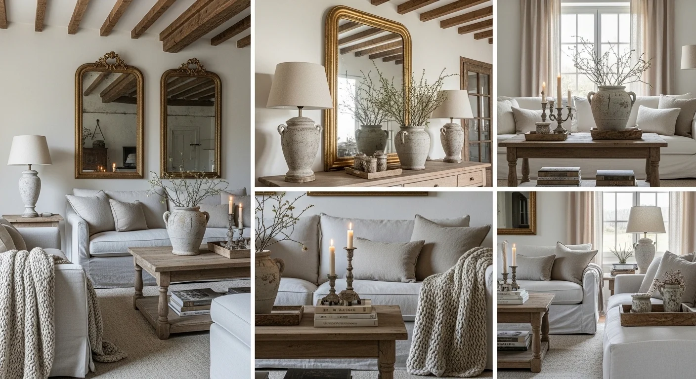 French country living room ideas 2026 with cozy warm neutral tones and rustic decor