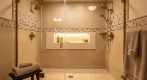 Warm neutral shower tile design