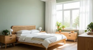 Sage green and wood bedroom design