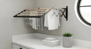 Fold down drying rack in small laundry room
