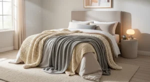 Neutral throw blankets bedroom decor