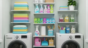 Slim vertical storage in small laundry room