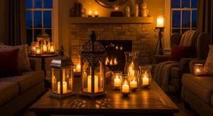 Candle-style lighting creating cozy living room ambiance