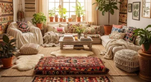 Boho layered textiles living room