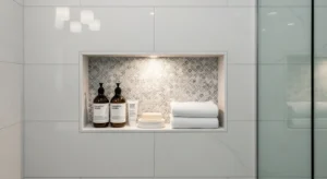 Built in wall niche bathroom storage idea