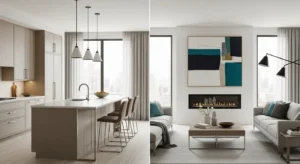 Consistent decor style in open kitchen living room