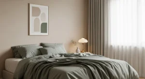 Dusty green and beige bedroom design