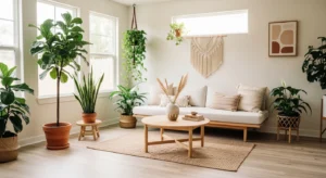Japandi living room with plants