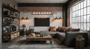 Industrial lighting fixtures in modern living room