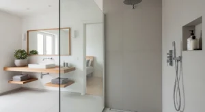 Shower with two showerheads, modern layout, functional design, neutral tones
