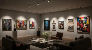 Accent lighting highlighting artwork in living room