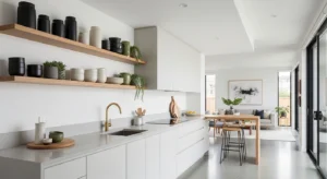 Open shelving kitchen blending with living room space