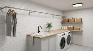 Wall mounted drying rod in laundry room