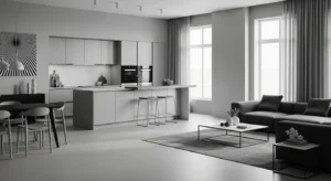 Monochrome open kitchen and living room design