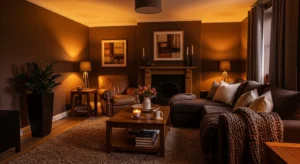 Dark brown cozy living room lighting