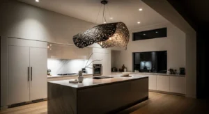 Oversized statement pendant light over modern kitchen island