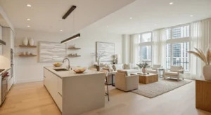 Open kitchen living room neutral palette