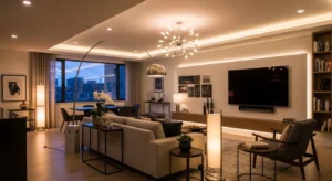 Layered lighting in open kitchen and living room