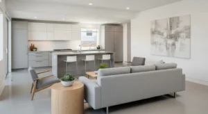 Minimalist furniture in open kitchen living room