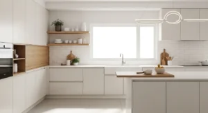 Warm white kitchen cabinets modern style