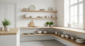 Open shelving in minimal Scandinavian kitchen