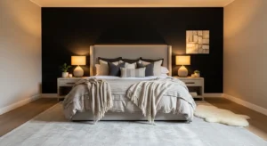 Neutral decor with black accent wall bedroom