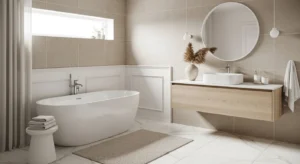 Beige and white bathroom color scheme