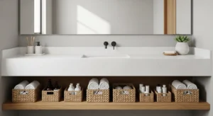 Under sink open shelving in small bathroom