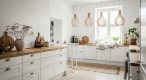 Scandinavian wood pendant lights over minimalist kitchen island