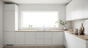 Soft white cabinets in Scandinavian kitchen design