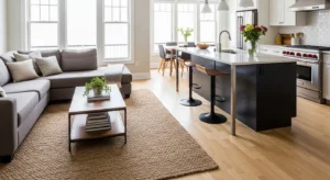 Rugs defining spaces in open kitchen living room