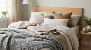 Layered fabric neutral bedroom