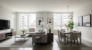 Sofa divider in living dining room combo