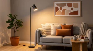 Cozy living room corner with warm floor lamp lighting