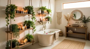 Hanging rope shelves in bathroom for decor and storage