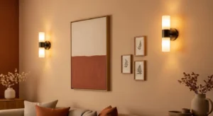 Living room wall sconces creating soft ambient lighting